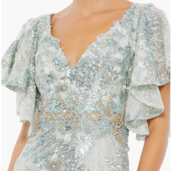 MAC DUGGAL 67842 BELL SLEEVE FLORAL EMBELLISHED SEAFOAM GOWN sz 6 - Picture 2 of 3